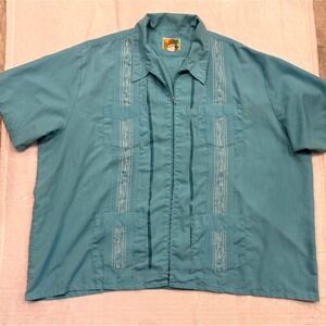 Haband Guayabera Mens Teal Blue Zip Front Short Sleeve Embroidered Shirt 4XL